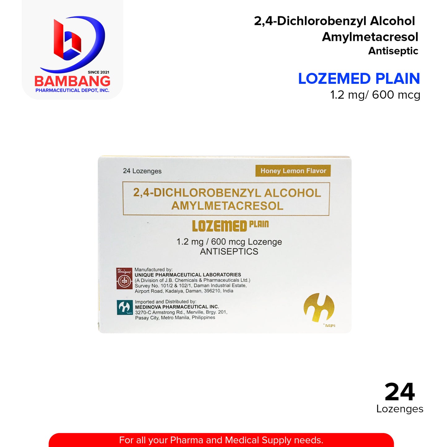 LOZEMED Plain 2,-4 Dichlorobenzyl Alcohol Amylmetacresol 1.2 mg / 600 mcg Lozenge Anticeptics Honey Lemon Flavor 24's