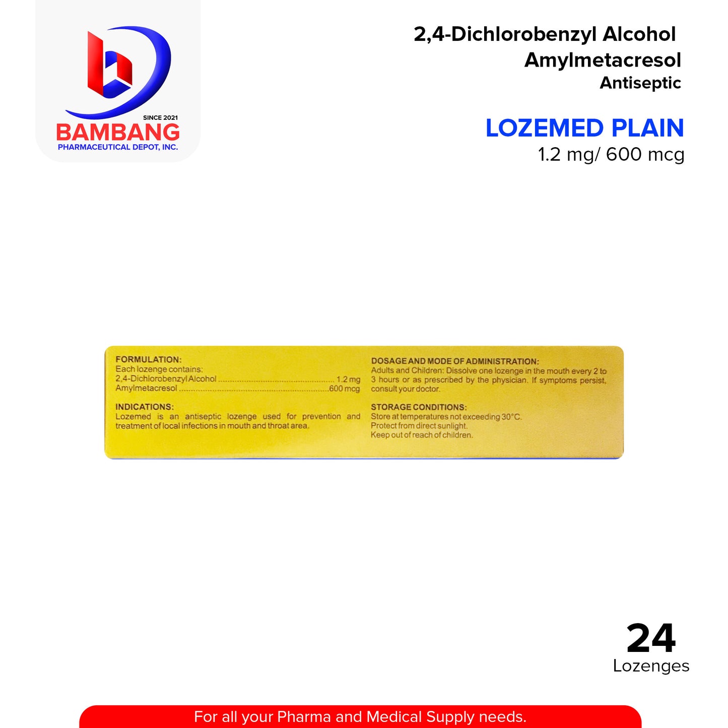 LOZEMED Plain 2,-4 Dichlorobenzyl Alcohol Amylmetacresol 1.2 mg / 600 mcg Lozenge Anticeptics Honey Lemon Flavor 24's