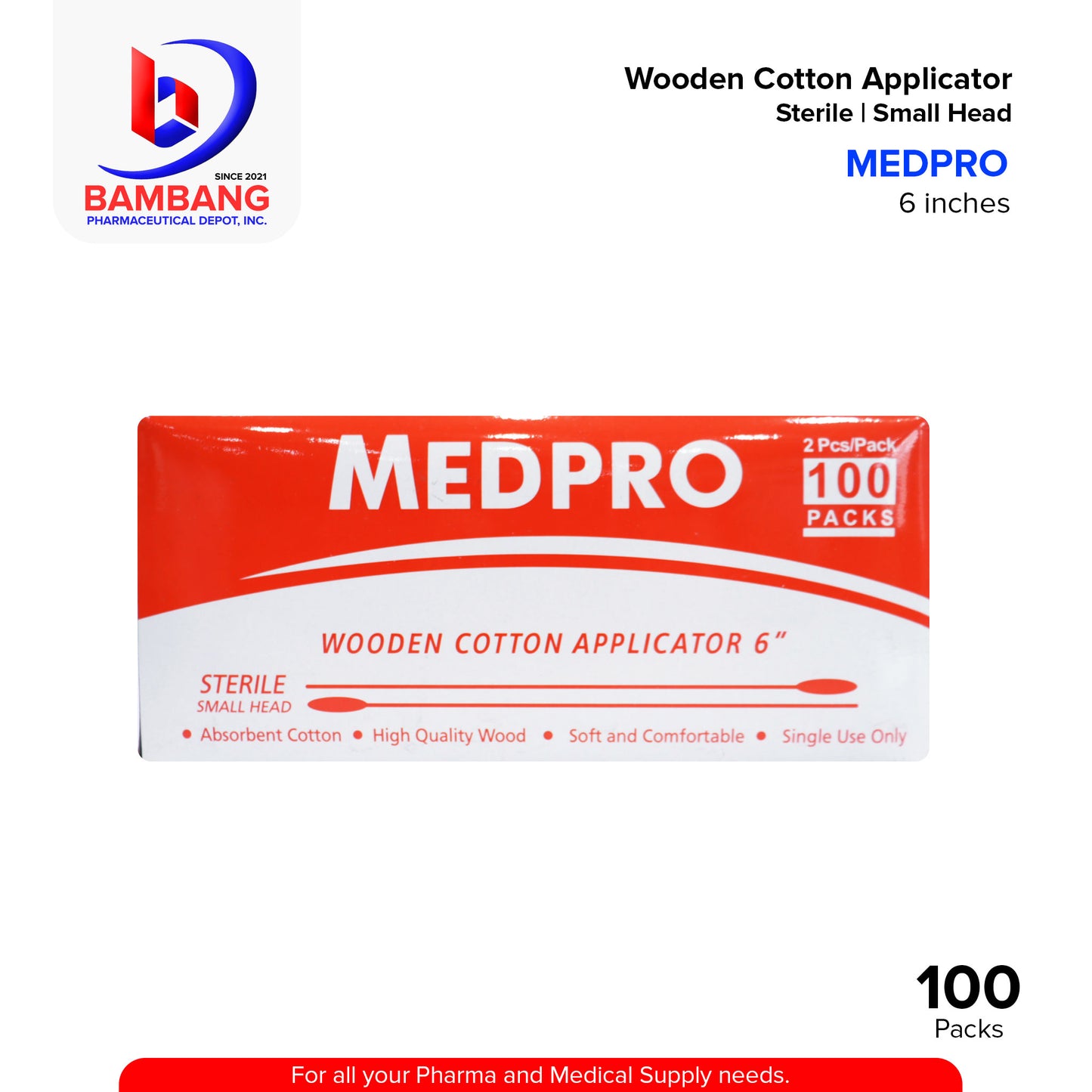 MEDPRO Wooden Cotton Applicator 6" 2pcs/Pack Sterile Small Head 100 Packs