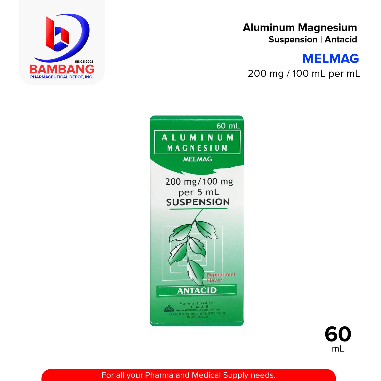 MELMAG Aluminum Magnesium Suspension / Antacid 200 mg / 100 mL per mL Peppermint Flavor 60mL