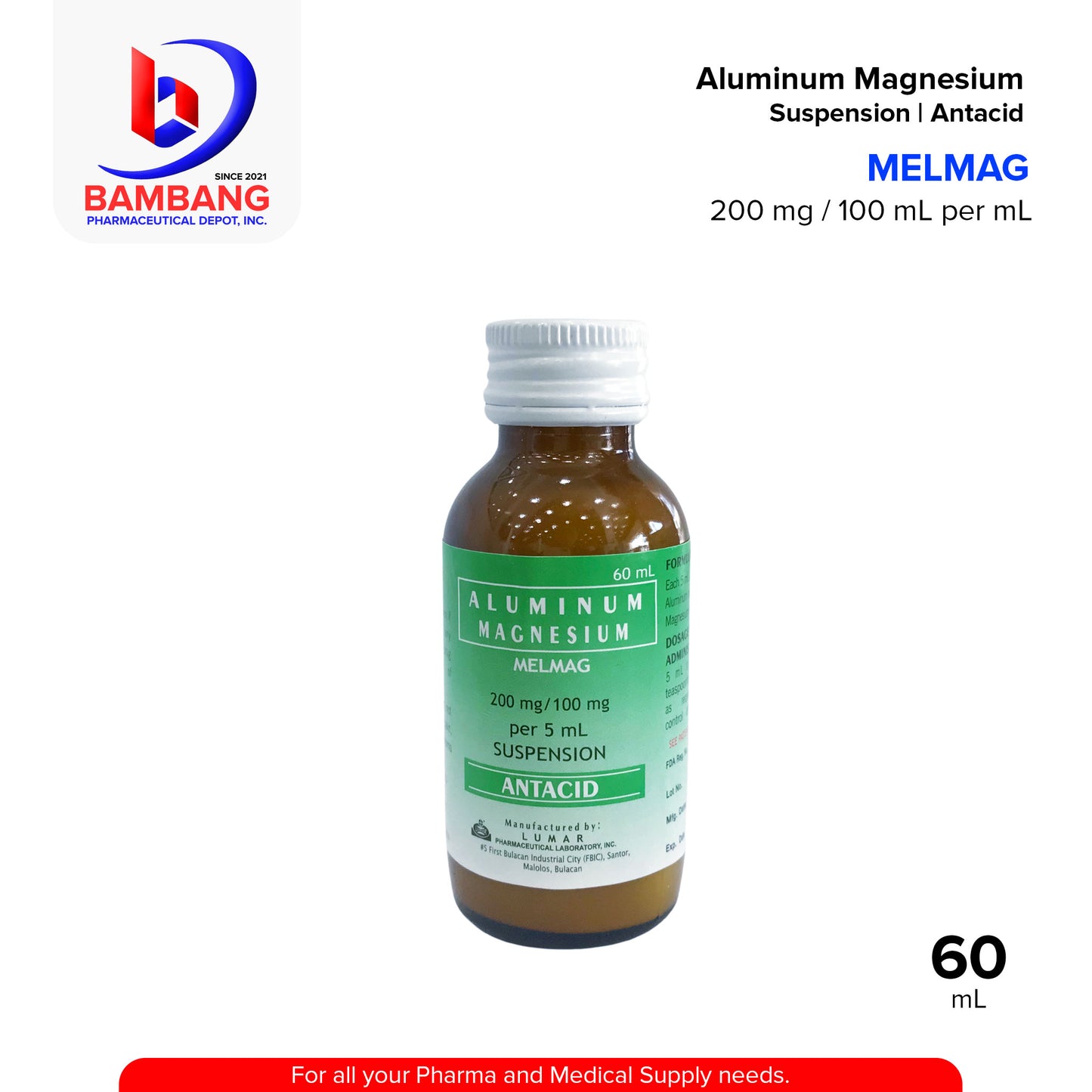 MELMAG Aluminum Magnesium Suspension / Antacid 200 mg / 100 mL per mL Peppermint Flavor 60mL