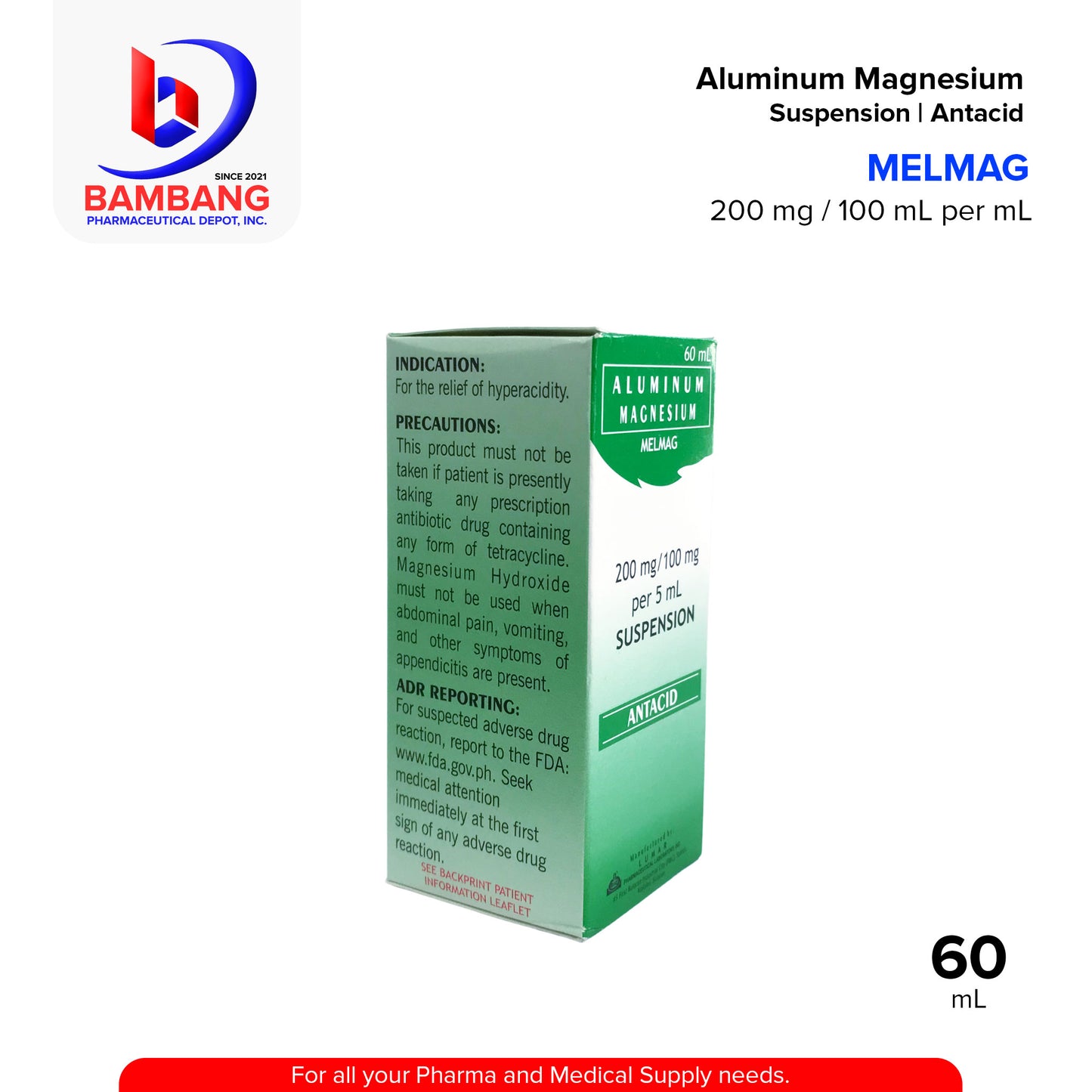 MELMAG Aluminum Magnesium Suspension / Antacid 200 mg / 100 mL per mL Peppermint Flavor 60mL