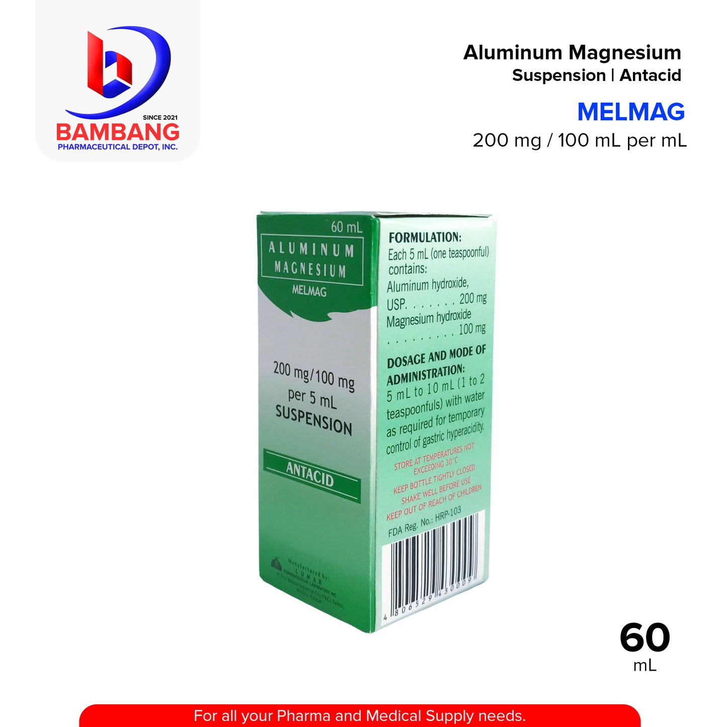 MELMAG Aluminum Magnesium Suspension / Antacid 200 mg / 100 mL per mL Peppermint Flavor 60mL