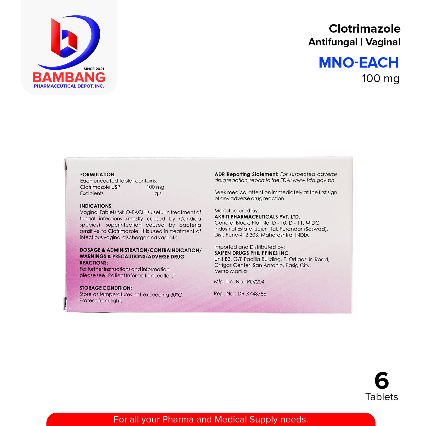 MNO-EACH Clotrimazole 100mg Vaginal Antifungal (Imidazole And Triazole Derivative) With 1 Applicator | Tablet 6's