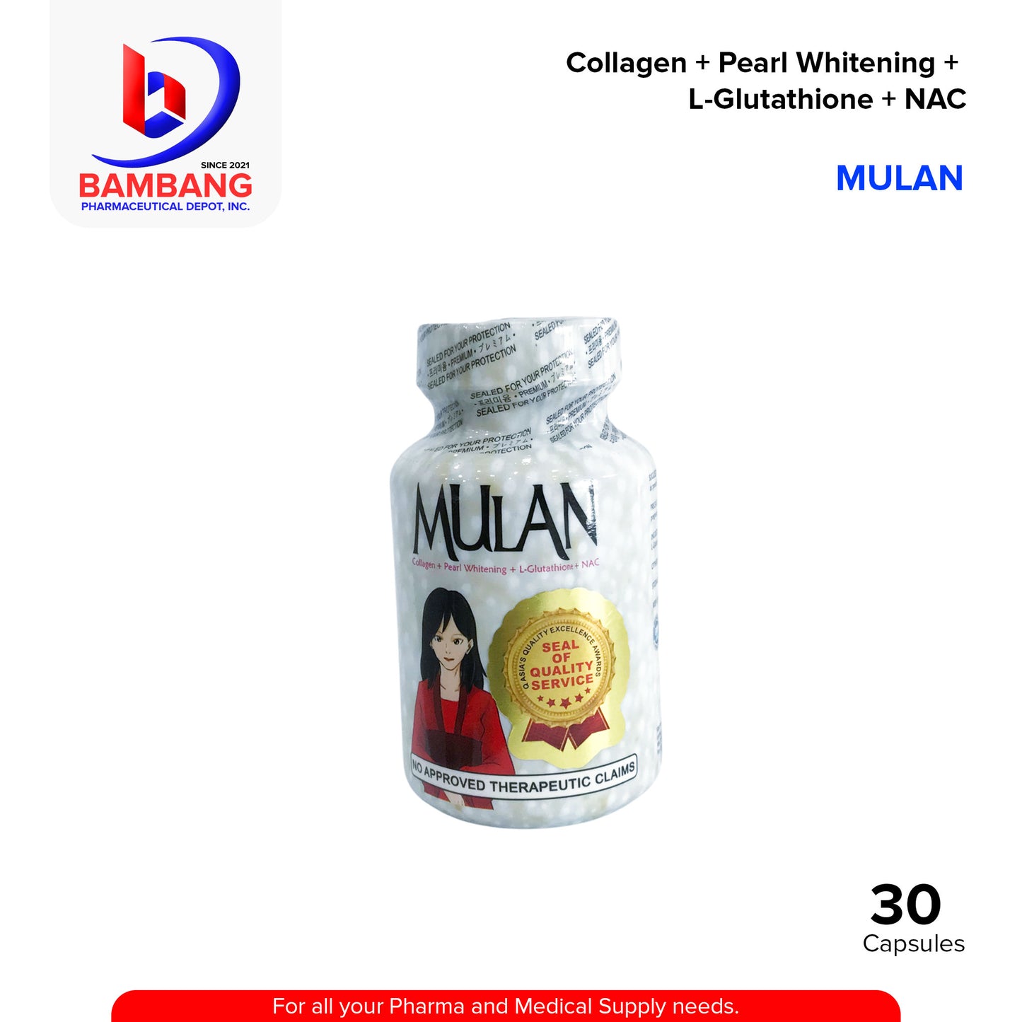 MULAN Collagen + Pearl Whitening + L-Glutathione + NAC Skin Supplement Capsule 30's
