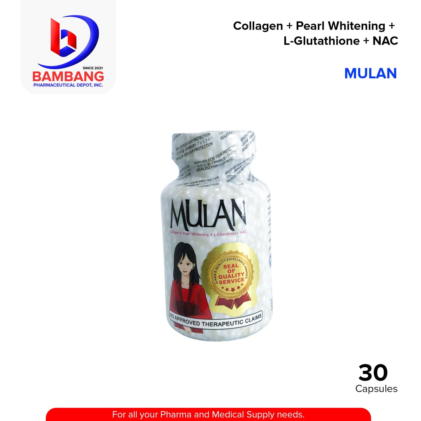 MULAN Collagen + Pearl Whitening + L-Glutathione + NAC Skin Supplement Capsule 30's