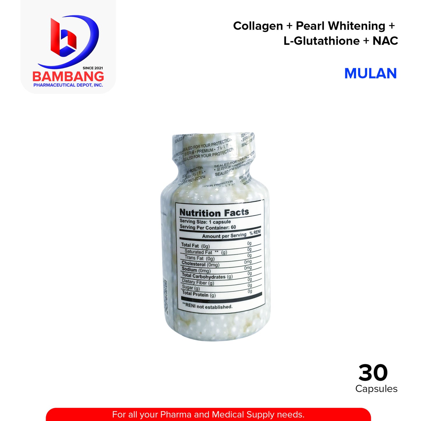 MULAN Collagen + Pearl Whitening + L-Glutathione + NAC Skin Supplement Capsule 30's