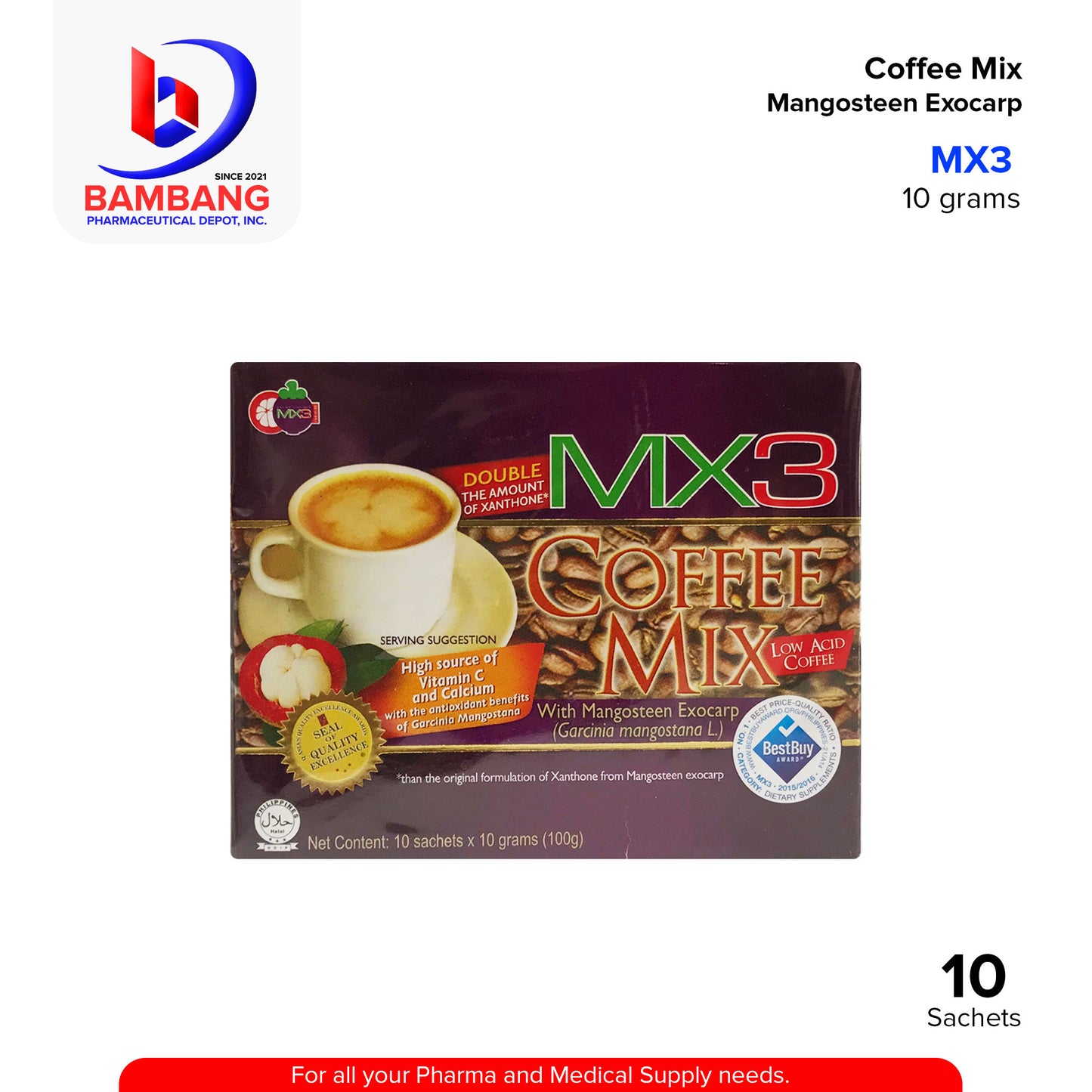 MX3 Coffee Mix with Mangosteen Exocarp High Source of Vitamin C and Calcium Low Acid Sachet 10g x 10's