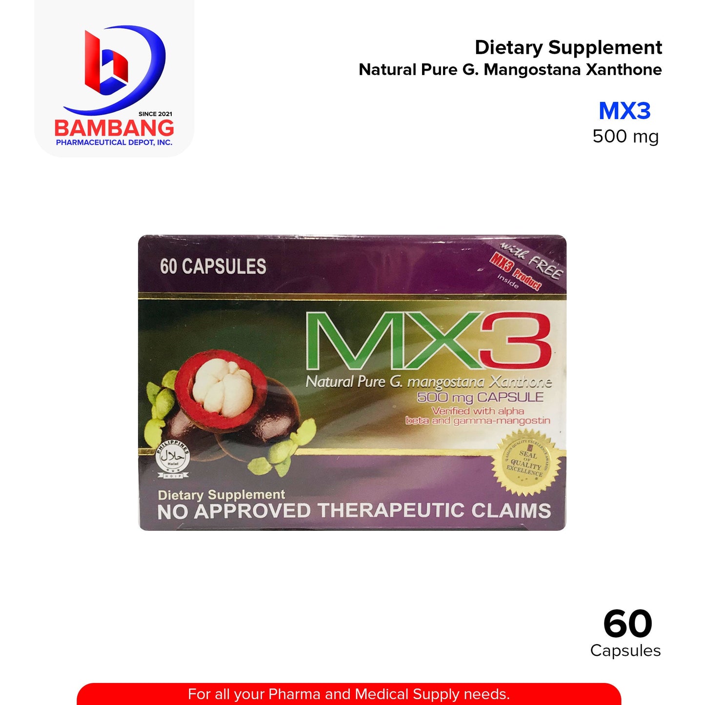 MX3 Natural Pure G. Mangostana Xanthone Mangosteen 500 mg Capsule 60's