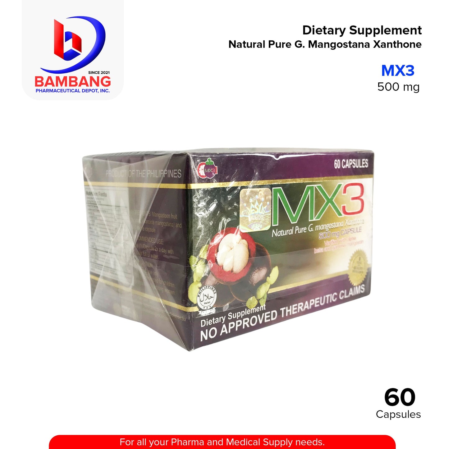 MX3 Natural Pure G. Mangostana Xanthone Mangosteen 500 mg Capsule 60's