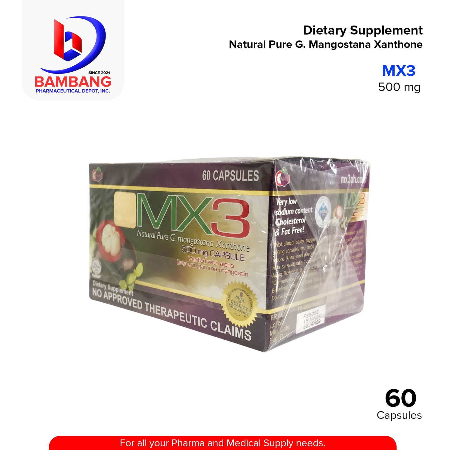 MX3 Natural Pure G. Mangostana Xanthone Mangosteen 500 mg Capsule 60's
