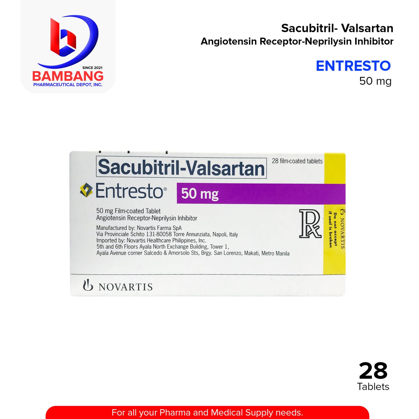 ENTRESTO Sacubitril Valsartan Angiotensin Receptor Neprilysin Inhibitor 50mg Tablet 28's