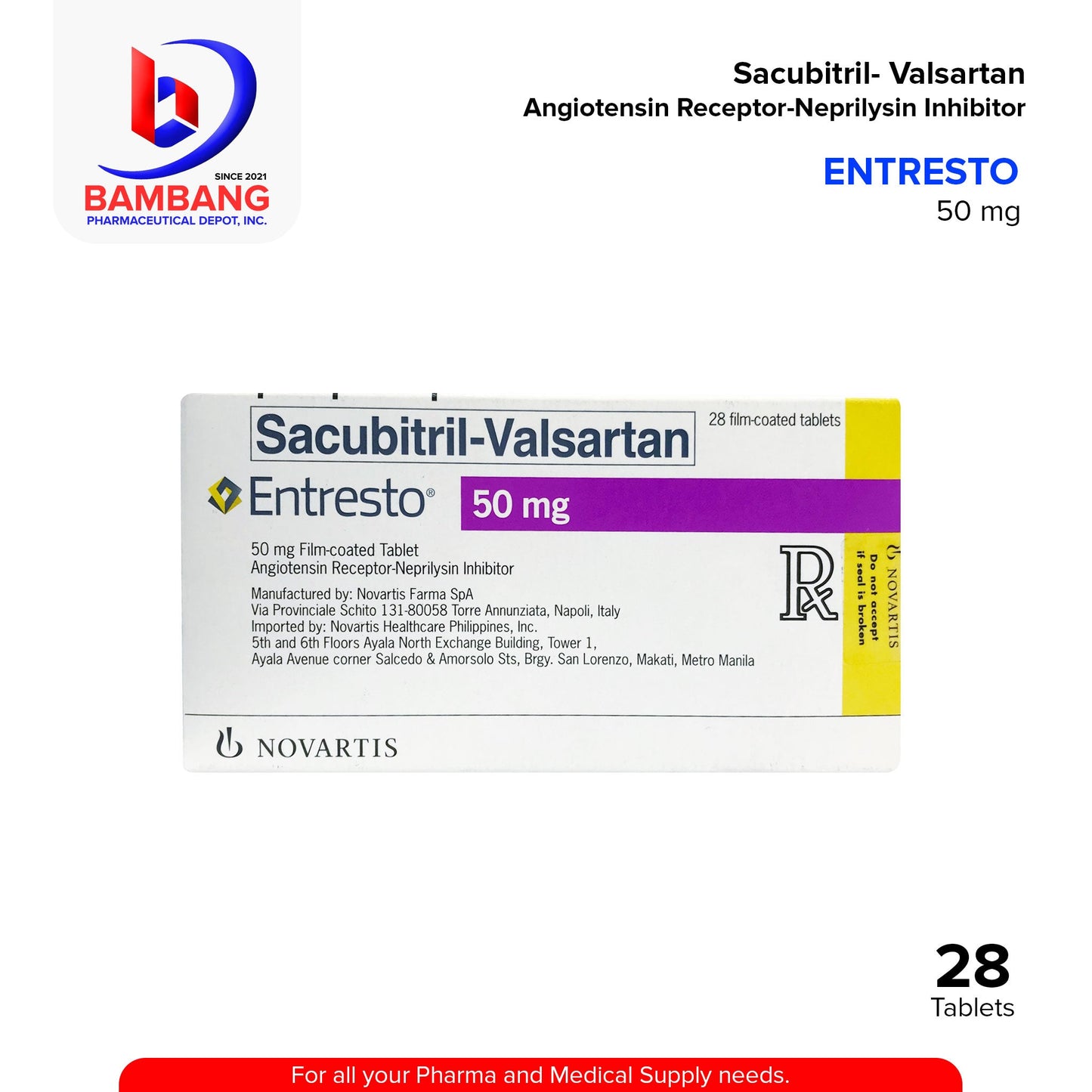 ENTRESTO Sacubitril Valsartan Angiotensin Receptor Neprilysin Inhibitor 50mg Tablet 28's