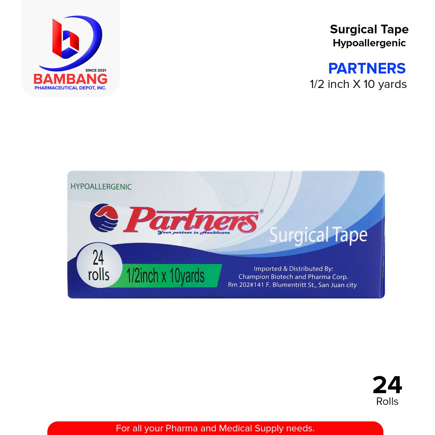 PARTNERS Surgical Tape Hypoallergenic 1/2 inch x 10 yards Roll 24's