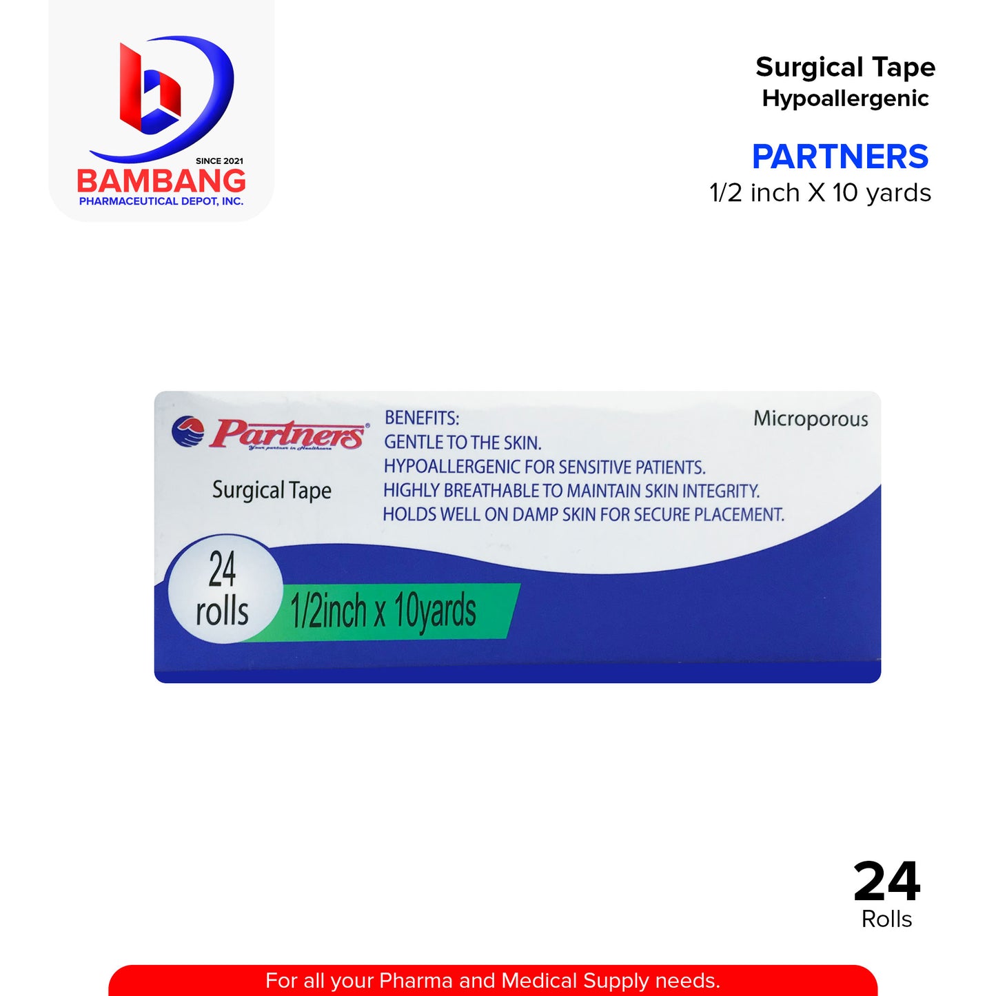 PARTNERS Surgical Tape Hypoallergenic 1/2 inch x 10 yards Roll 24's
