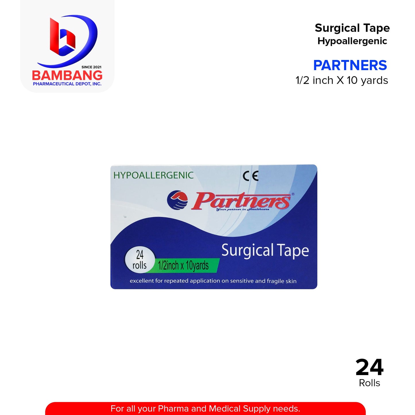 PARTNERS Surgical Tape Hypoallergenic 1/2 inch x 10 yards Roll 24's