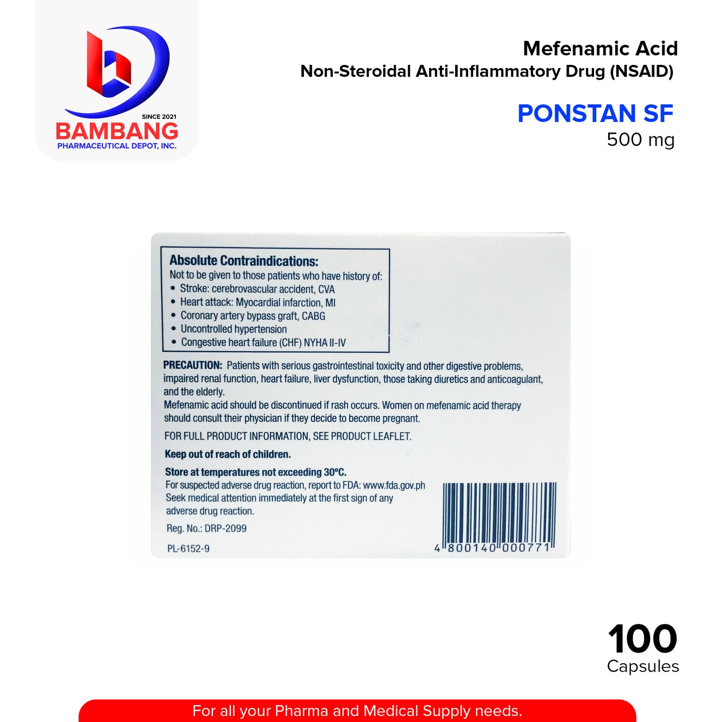PONSTAN SF Mefenamic Acid 500mg Non-Steroidal Anti Inflammatory Drug Capsule 100's