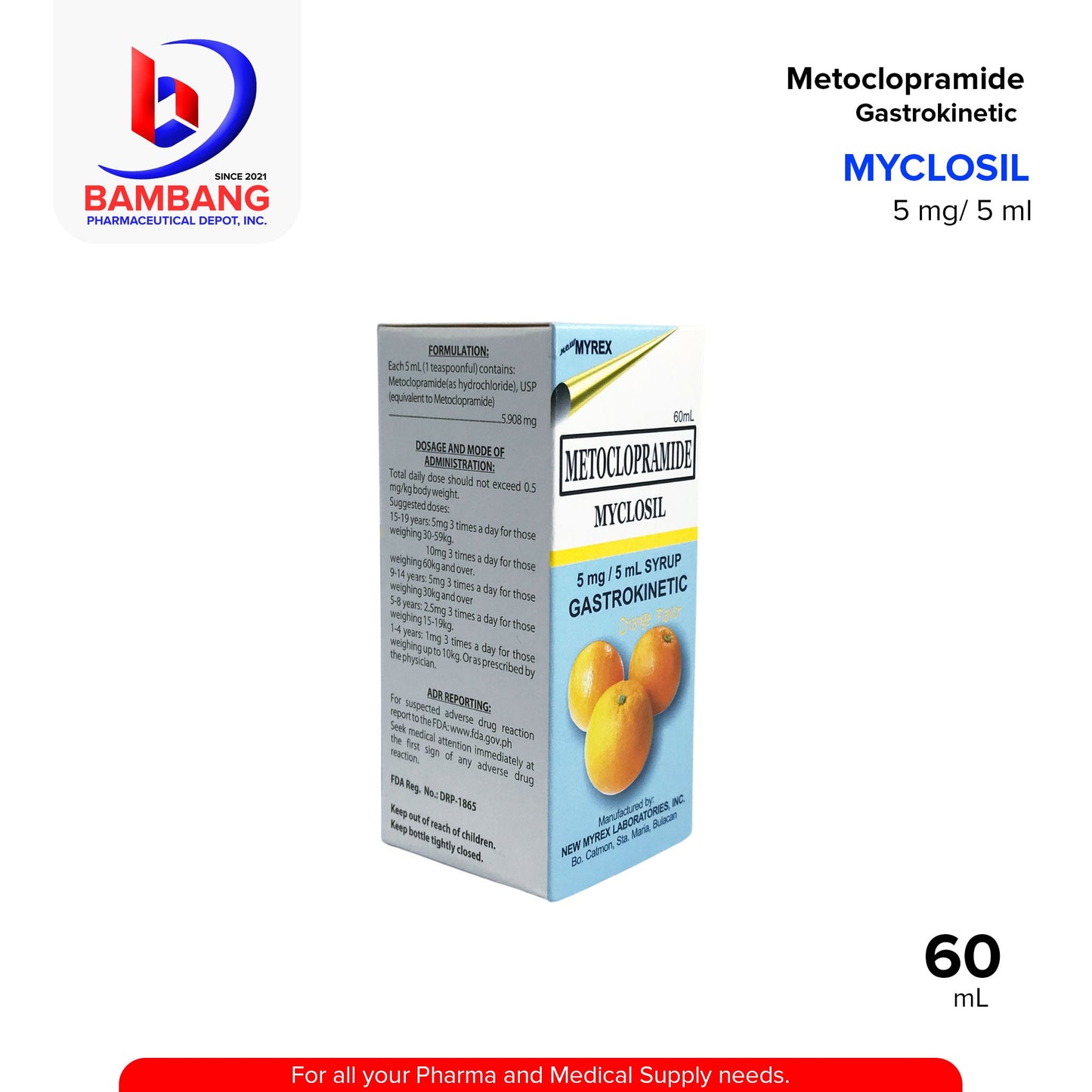MYCLOSIL Metoclopramide 5 mg / 5 mL Syrup Gastrokinetic Orange Flavor 60mL