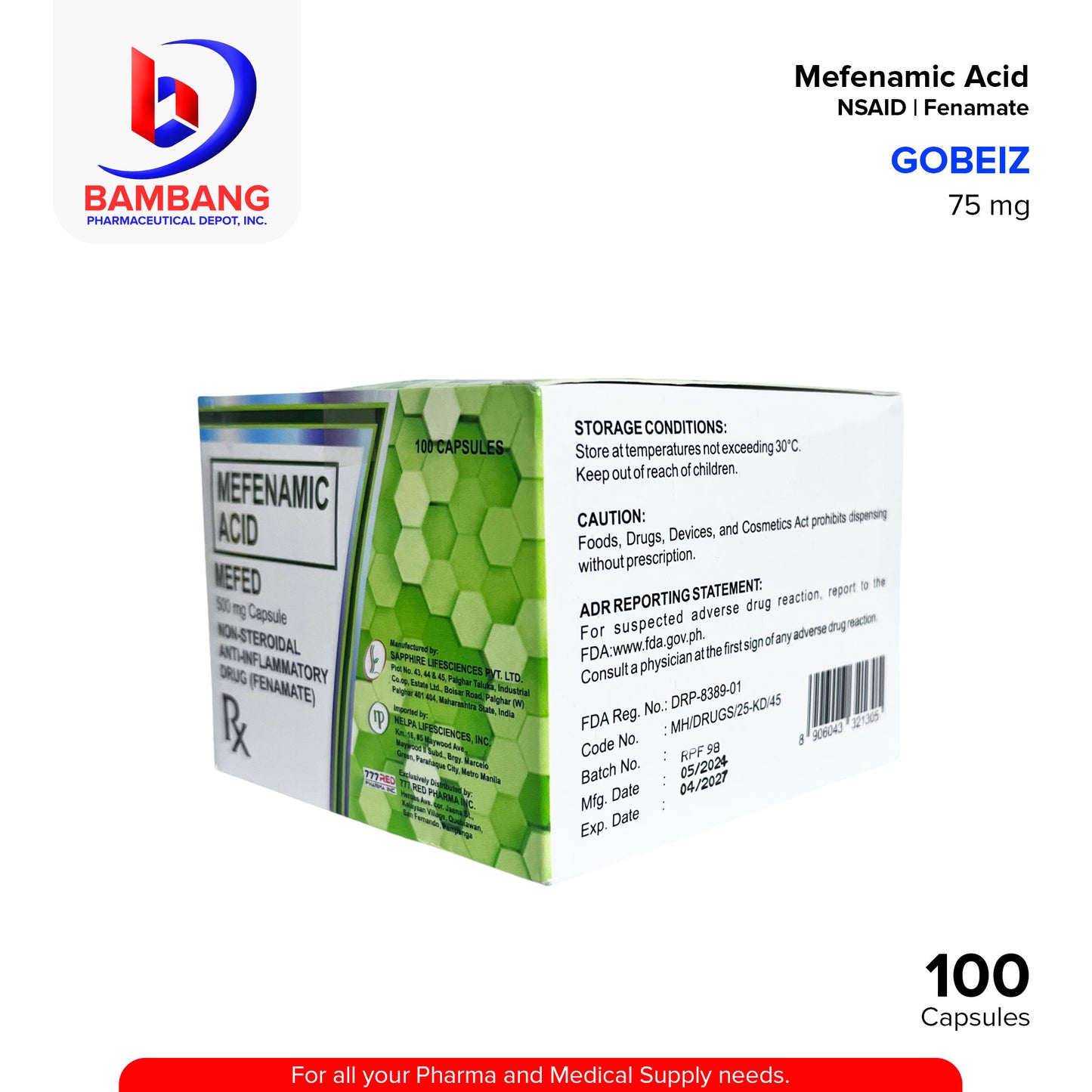 MEFED Mefenamic Acid Non Steroidal Anti Inflammatory Drug Fenamate Capsule 100's