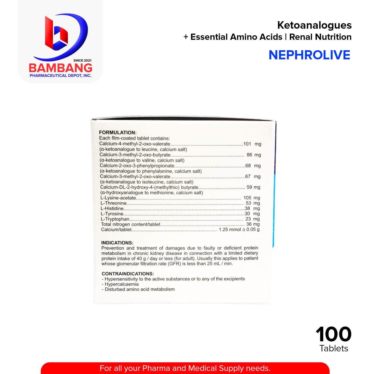 NEPHROLIVE Ketoanalogues + Essential Amino Acids Film-Coated Tablet Renal Nutrition Therapy Tablet 100's