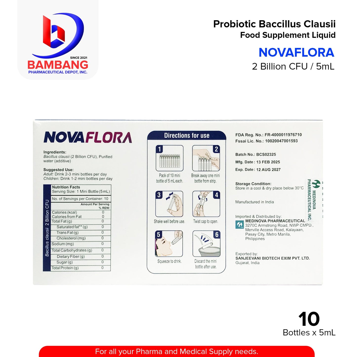 NOVA FLORA Probiotic Baccillus Clausii Food Supplement Liquid 2 Billion CFU / 5 mL Bottle 10s