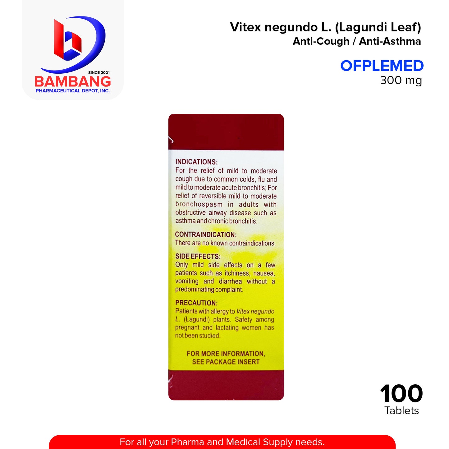 OFPLEMED Vitex Negundo L. Lagundi Leaf 300 mg Anti Cough Anti Asthma Tablet 100's