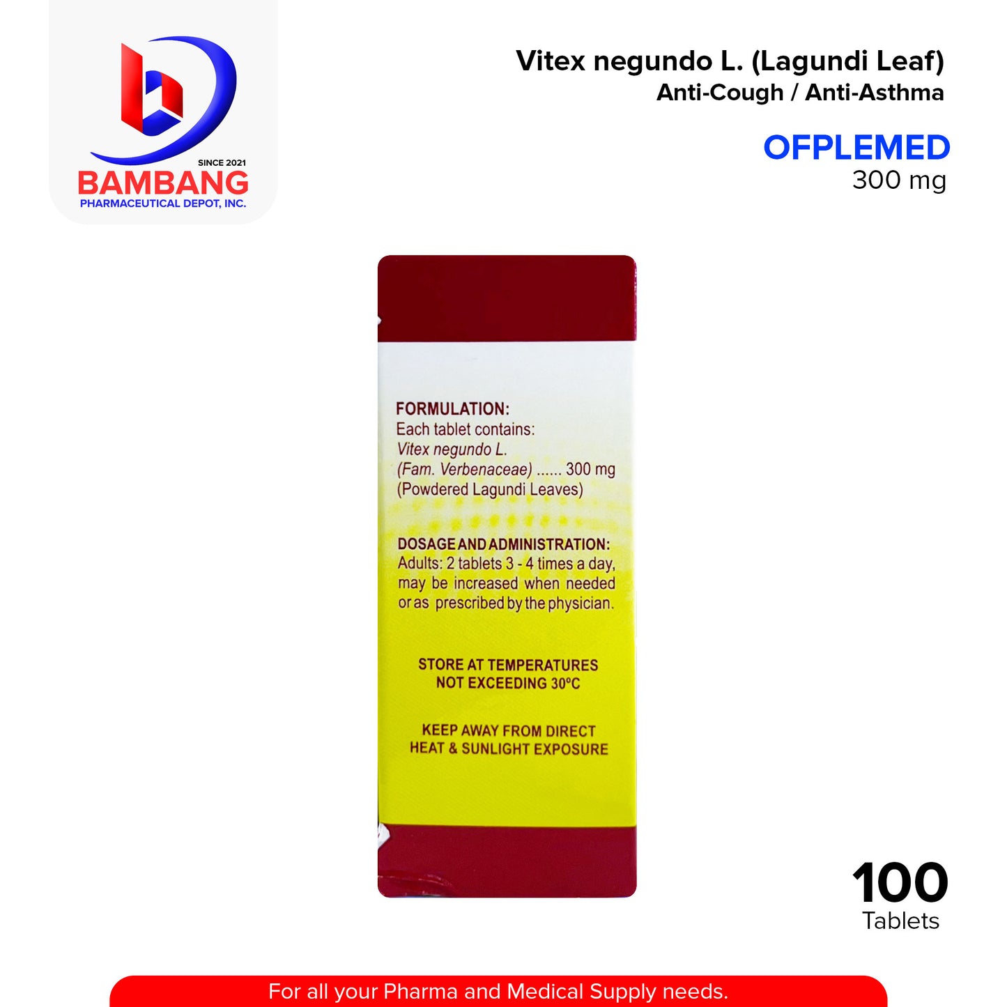 OFPLEMED Vitex Negundo L. Lagundi Leaf 300 mg Anti Cough Anti Asthma Tablet 100's