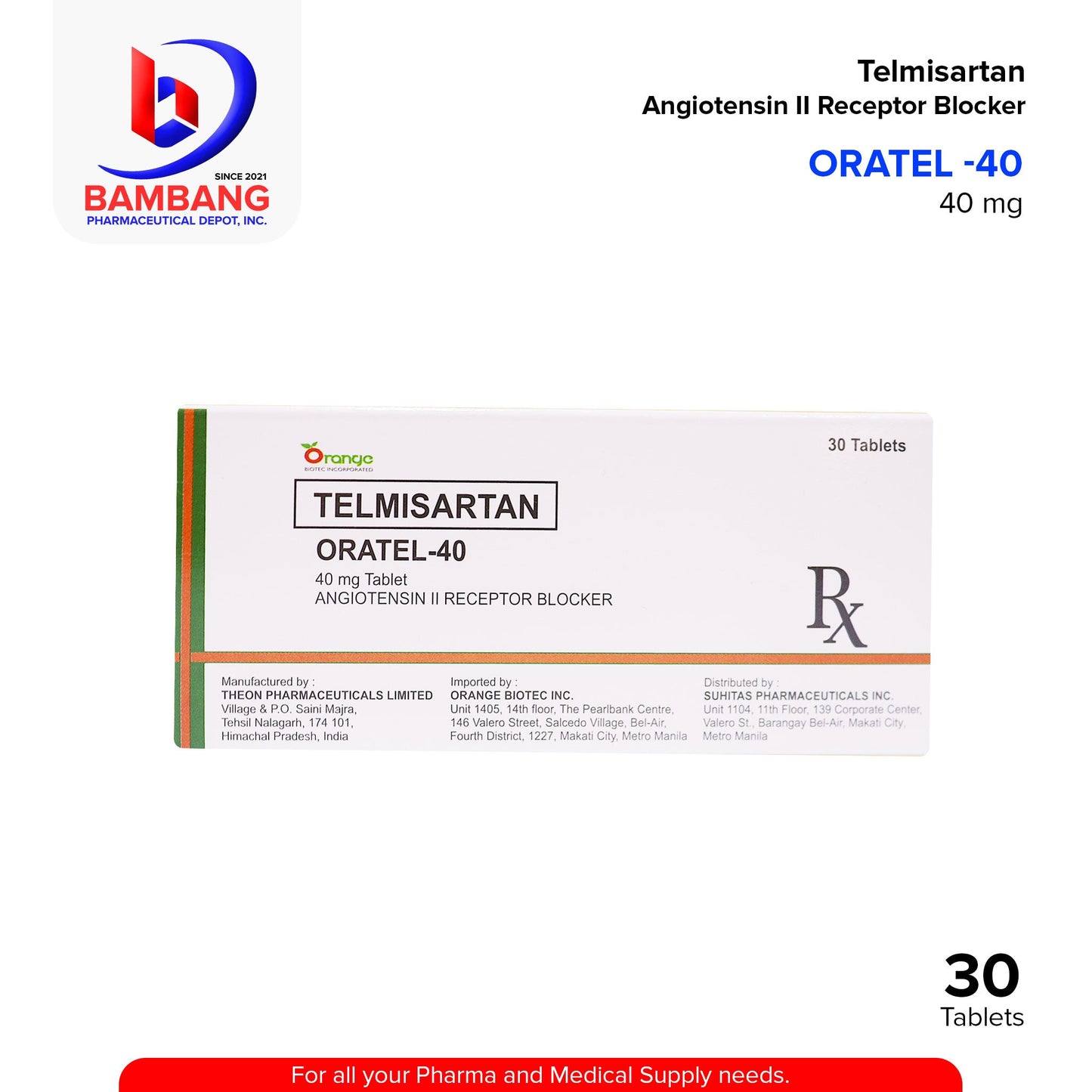 ORATEL-40 Telmisartan 40mg Tablet Angiotensin II Receptor Blocker Tablet 30's