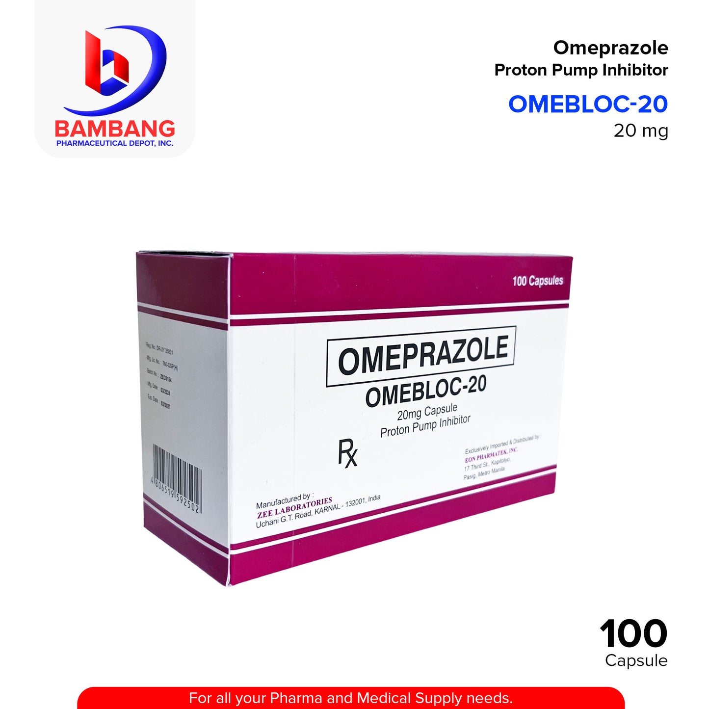 OMEBLOC Omeprazole 20mg Proton Pump Inhibitor Capsule 100's