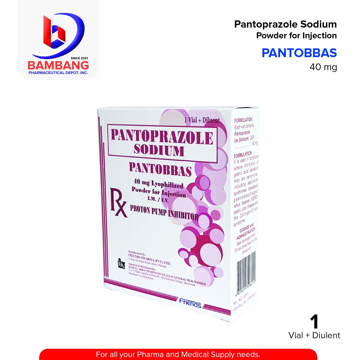 Pantoprazole Sodium 40mg Lyophilized Powder for Injection I.M/I.V Vial 1's