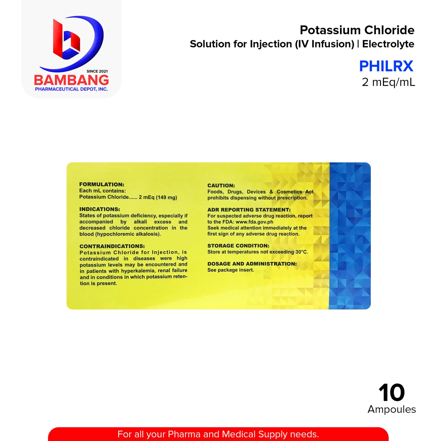 ELECTROLYTE Phil RX Potassium Chloride 2 mEq / mL Solution for Injection (IV Infusion) 10 mL Ampoules 10's