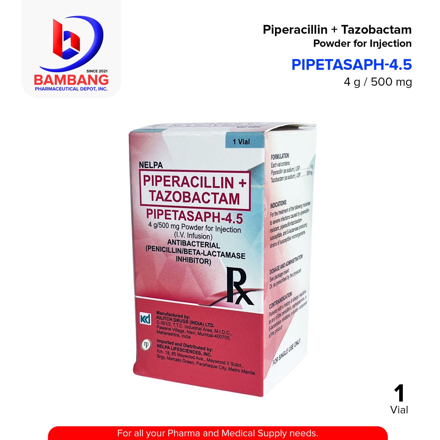 PIPETASAPH 4.5 Piperacillin + Tazobactam 4g/500mg Powder for Injection for IV Infusion Vial 1's