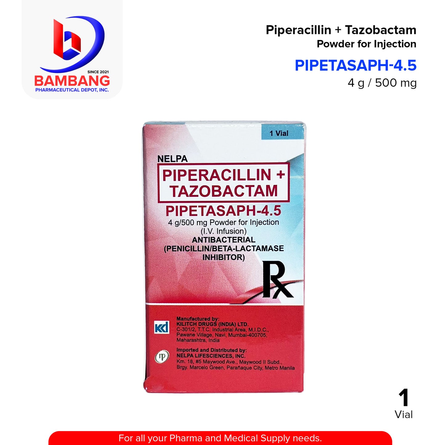 PIPETASAPH 4.5 Piperacillin + Tazobactam 4g/500mg Powder for Injection for IV Infusion Vial 1's