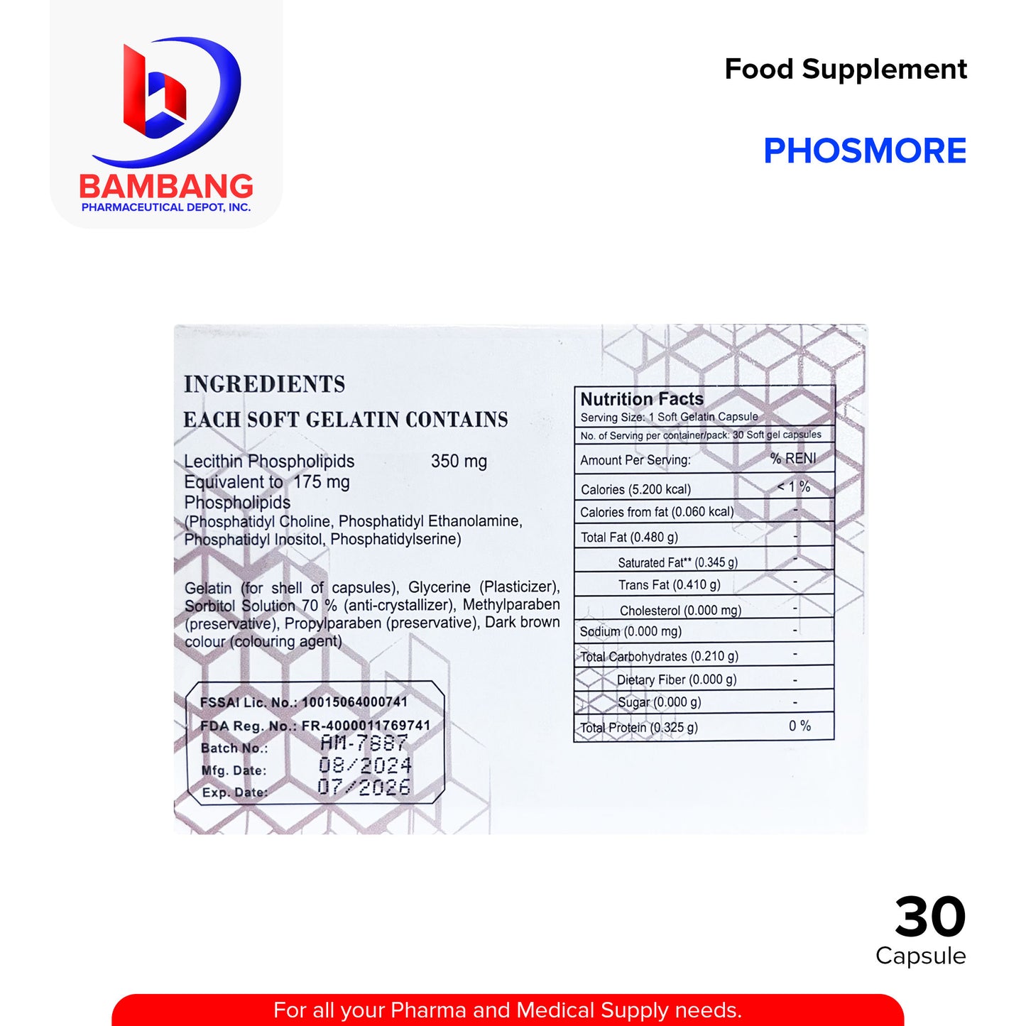 PHOSMORE Food Supplement Lecithin Phospholipids Softgel Capsule 30's
