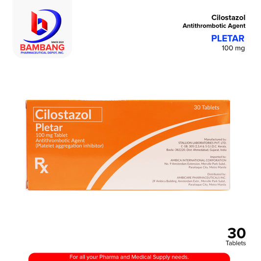 PLETAR Cilostazol 100mg Antithrombotic Agent Platelet Aggregation Inhibitor Tablet 30's
