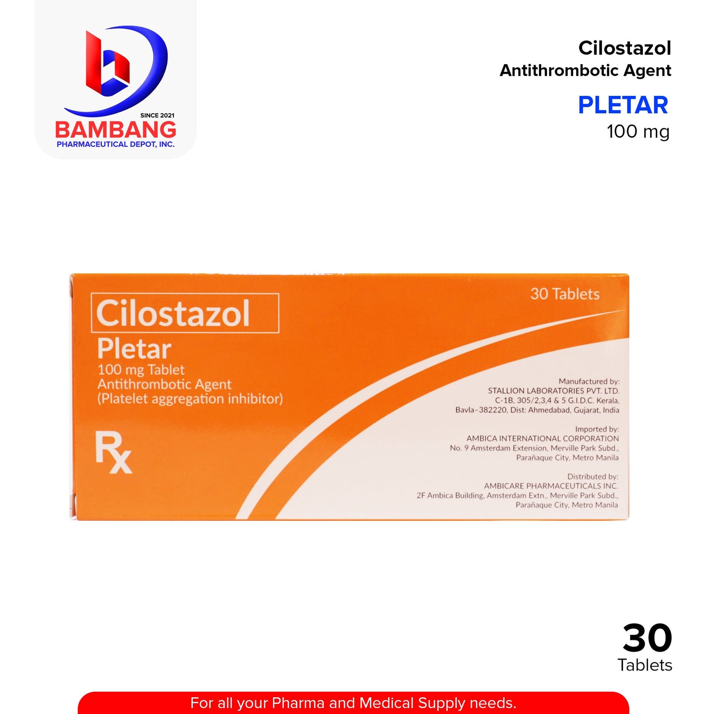 PLETAR Cilostazol 100mg Antithrombotic Agent Platelet Aggregation Inhibitor Tablet 30's