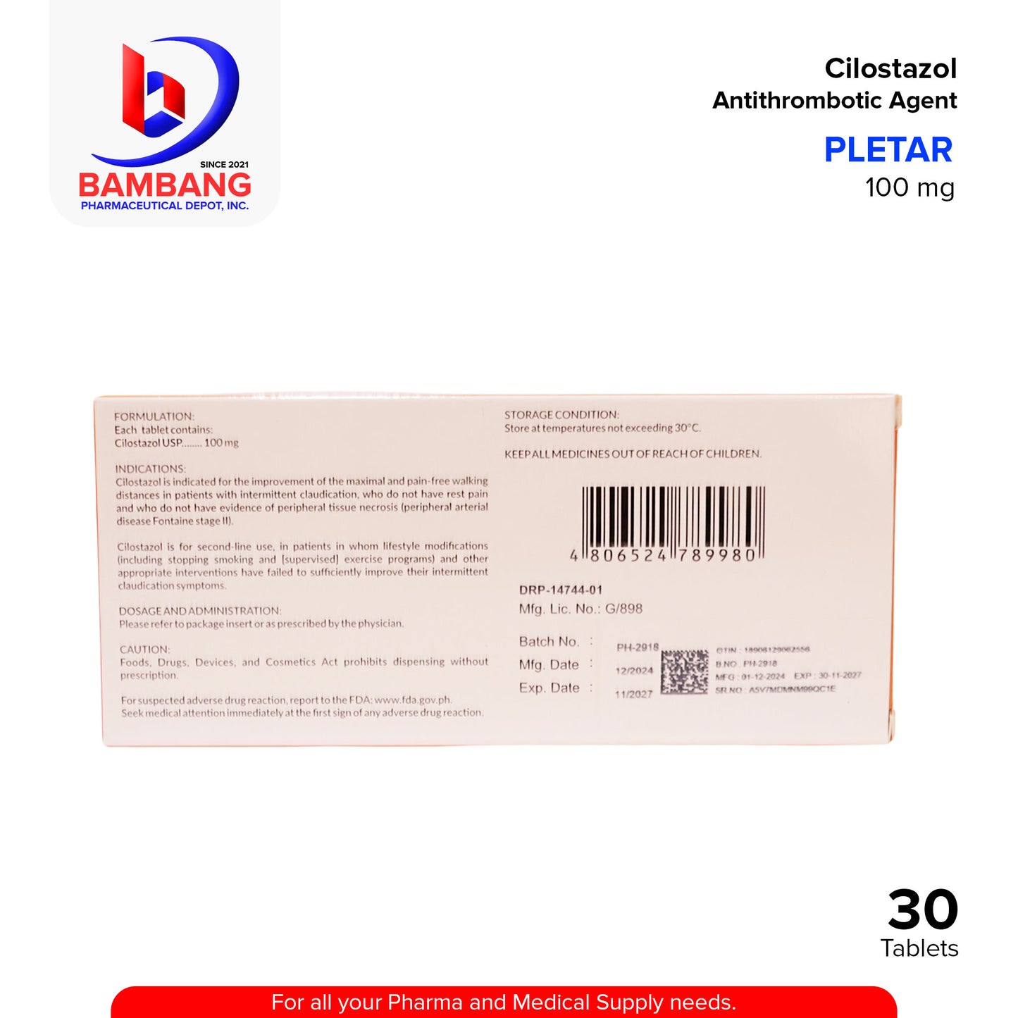 PLETAR Cilostazol 100mg Antithrombotic Agent Platelet Aggregation Inhibitor Tablet 30's