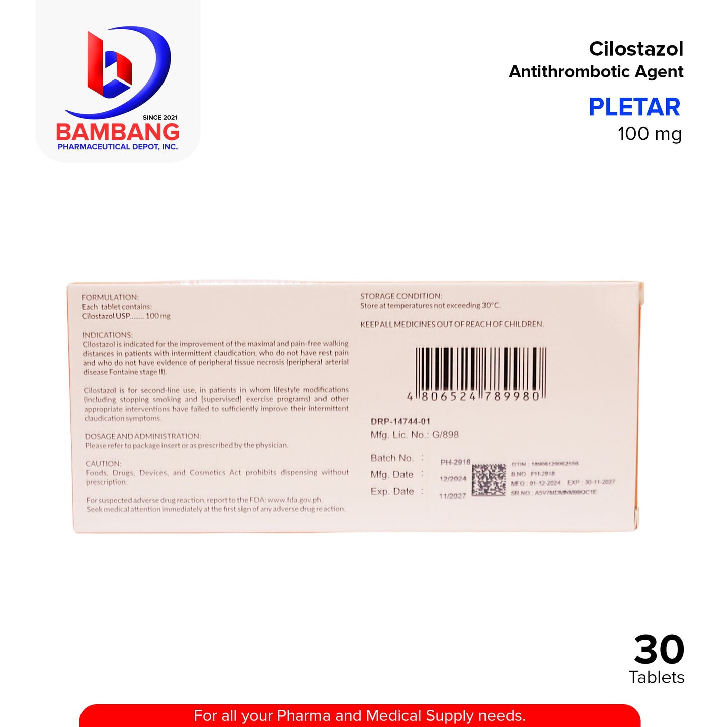 PLETAR Cilostazol 100mg Antithrombotic Agent Platelet Aggregation Inhibitor Tablet 30's