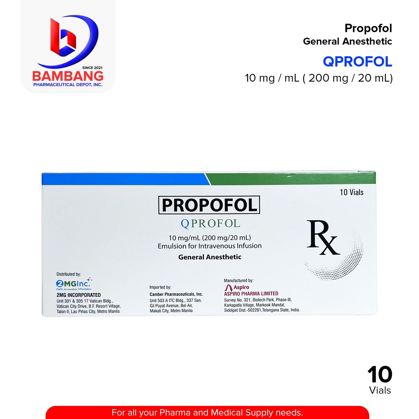 QPROPOL Propofol Emulsion for Intravenous Infusion General Anesthetic 10 mg / m L ( 200mg / 20mL)
