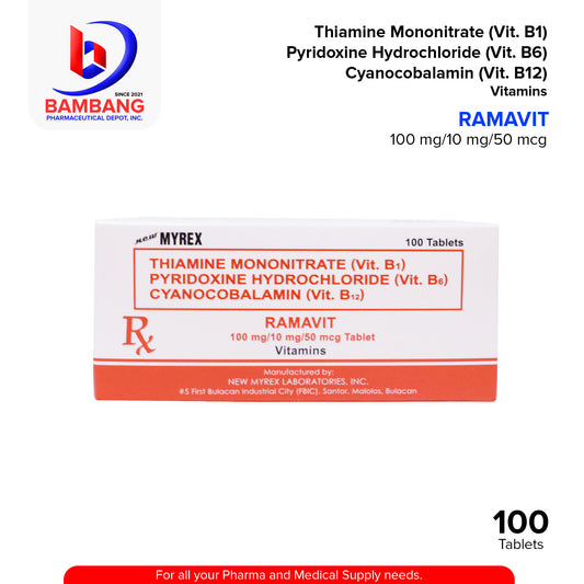 RAMAVIT Thiamine Mononitrate VITAMIN B1 Pyridoxine Hydrochloride VITAMIN B6 Cyanocobalamin VITAMIN B12 100mg/10g/50mcg Tablet 100's