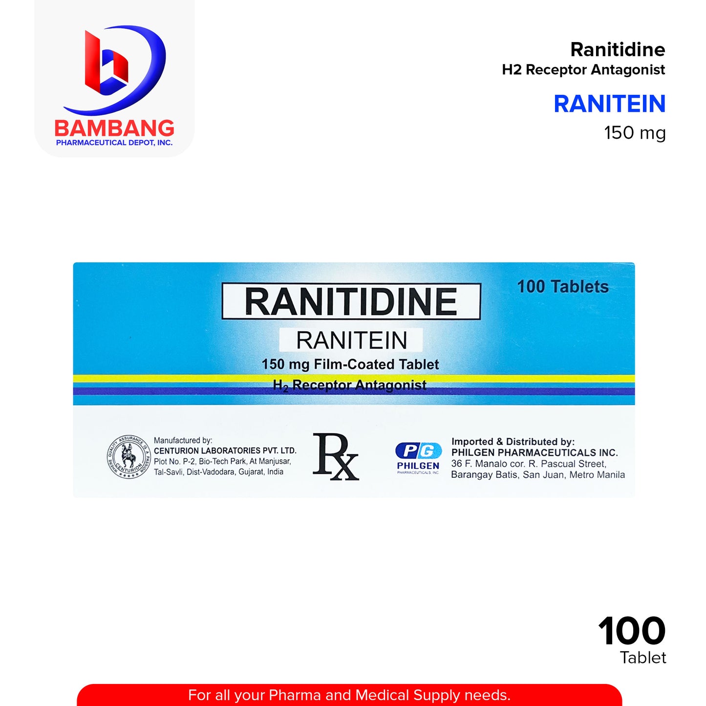 RANITEIN Ranitidine Receptor Antagonist 150 mg Film Coated Tablet 100's