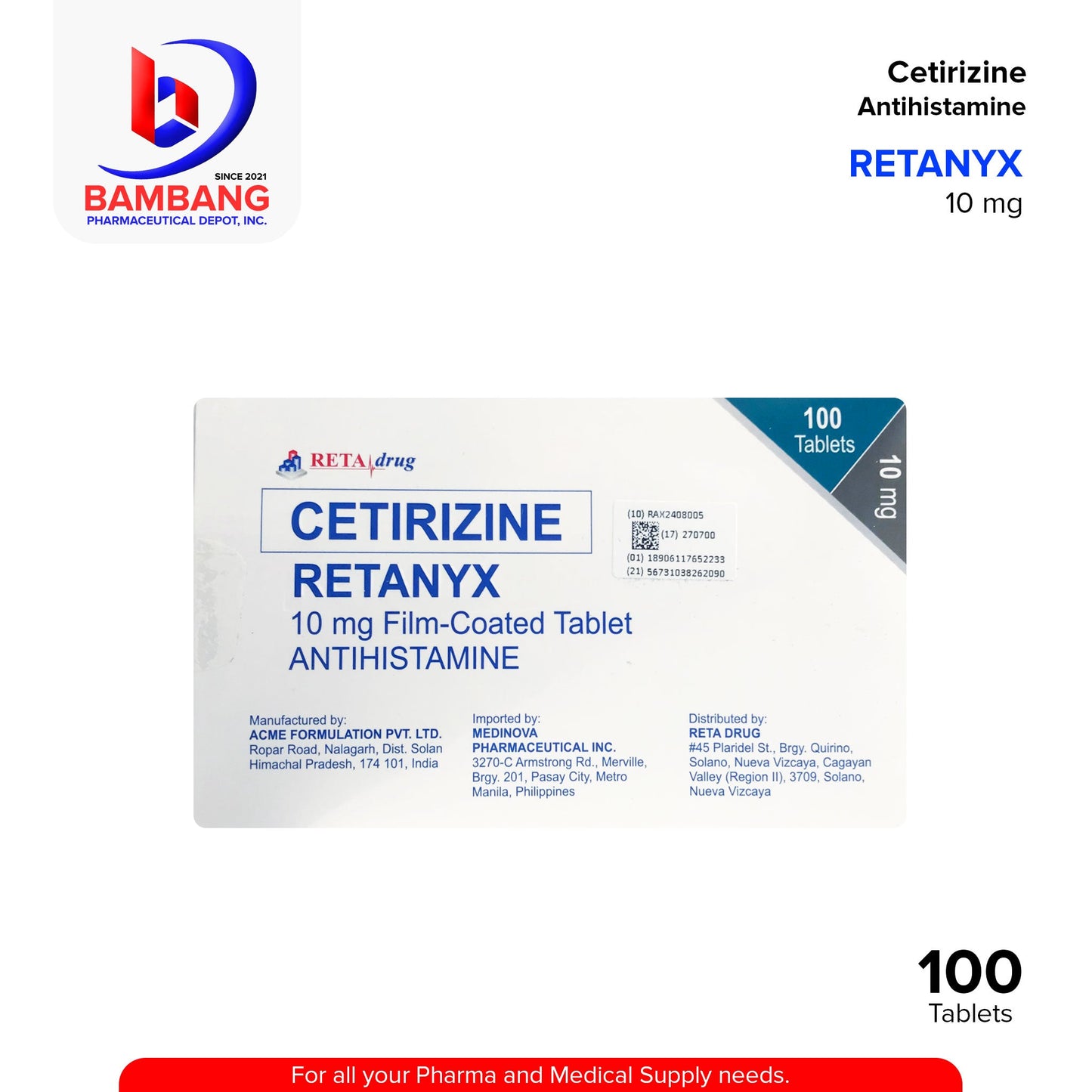 RETANYX Cetirizine Antihistamine 10mg Film Coated Tablet 100's