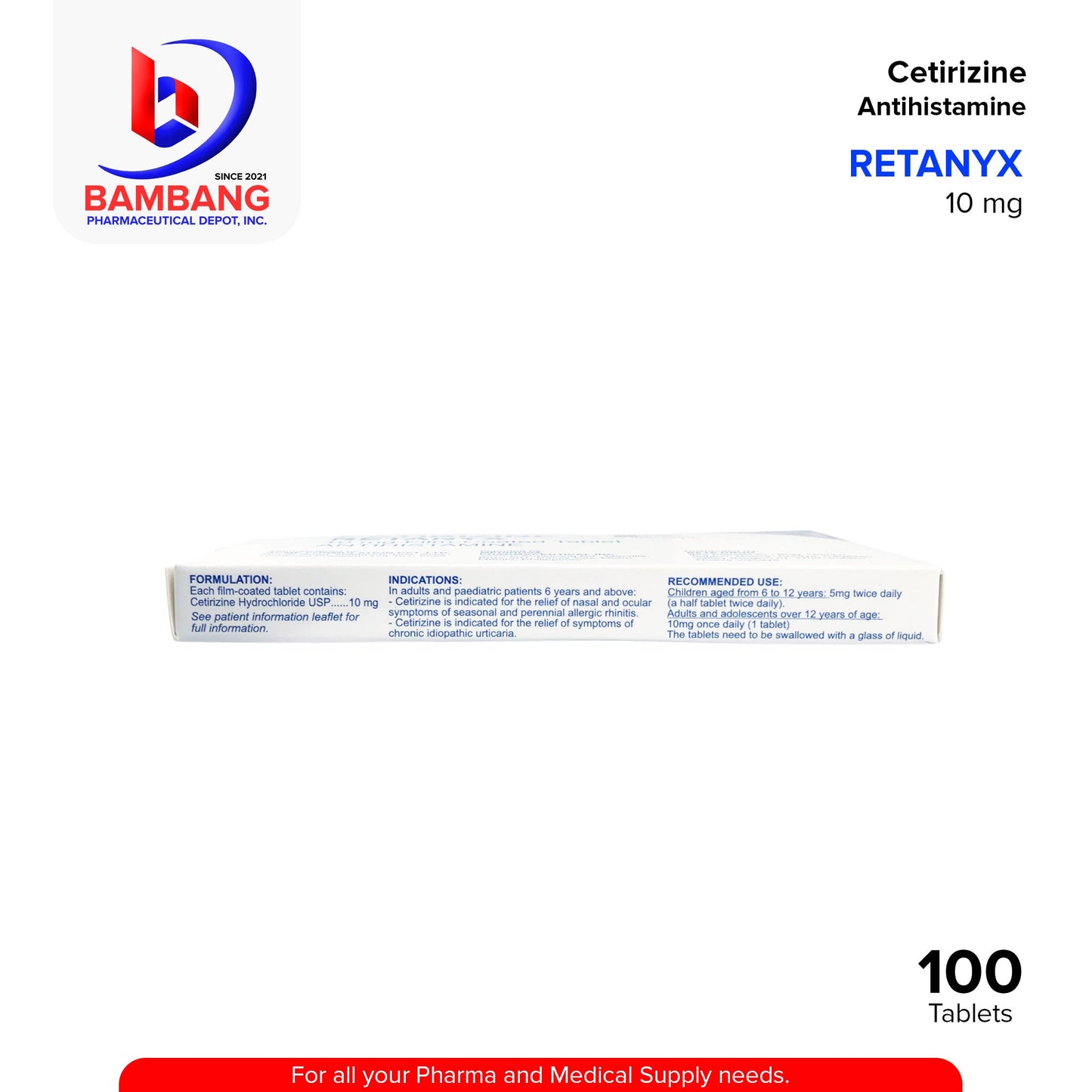 RETANYX Cetirizine Antihistamine 10mg Film Coated Tablet 100's