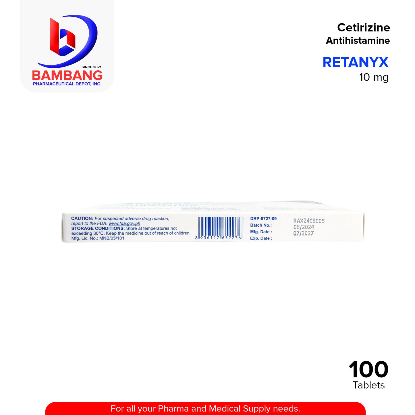 RETANYX Cetirizine Antihistamine 10mg Film Coated Tablet 100's