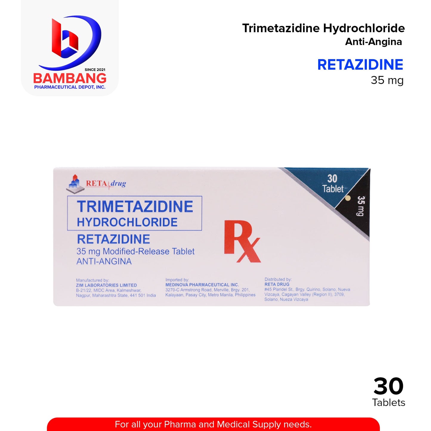 RETAZIDINE Trimetazidine Hydrochloride Anti Angina 35mg Modified Release Tablet 30's