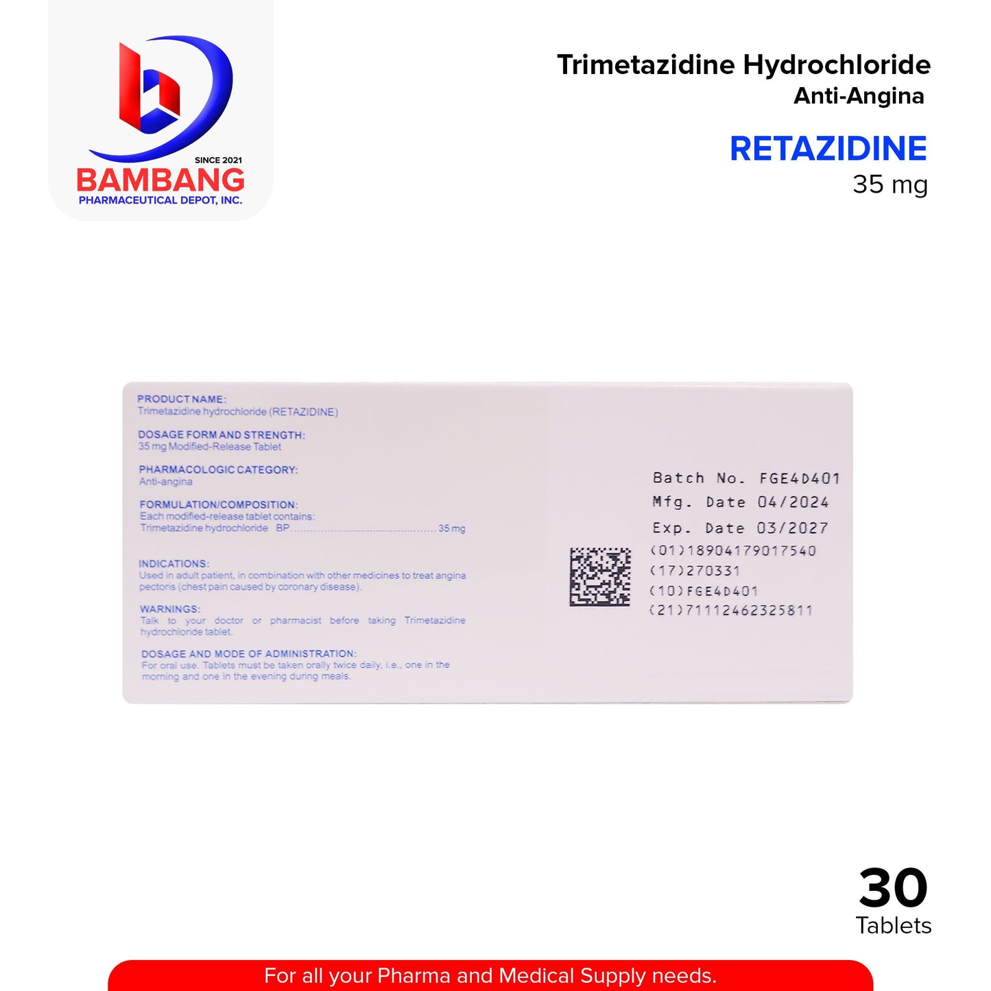 RETAZIDINE Trimetazidine Hydrochloride Anti Angina 35mg Modified Release Tablet 30's