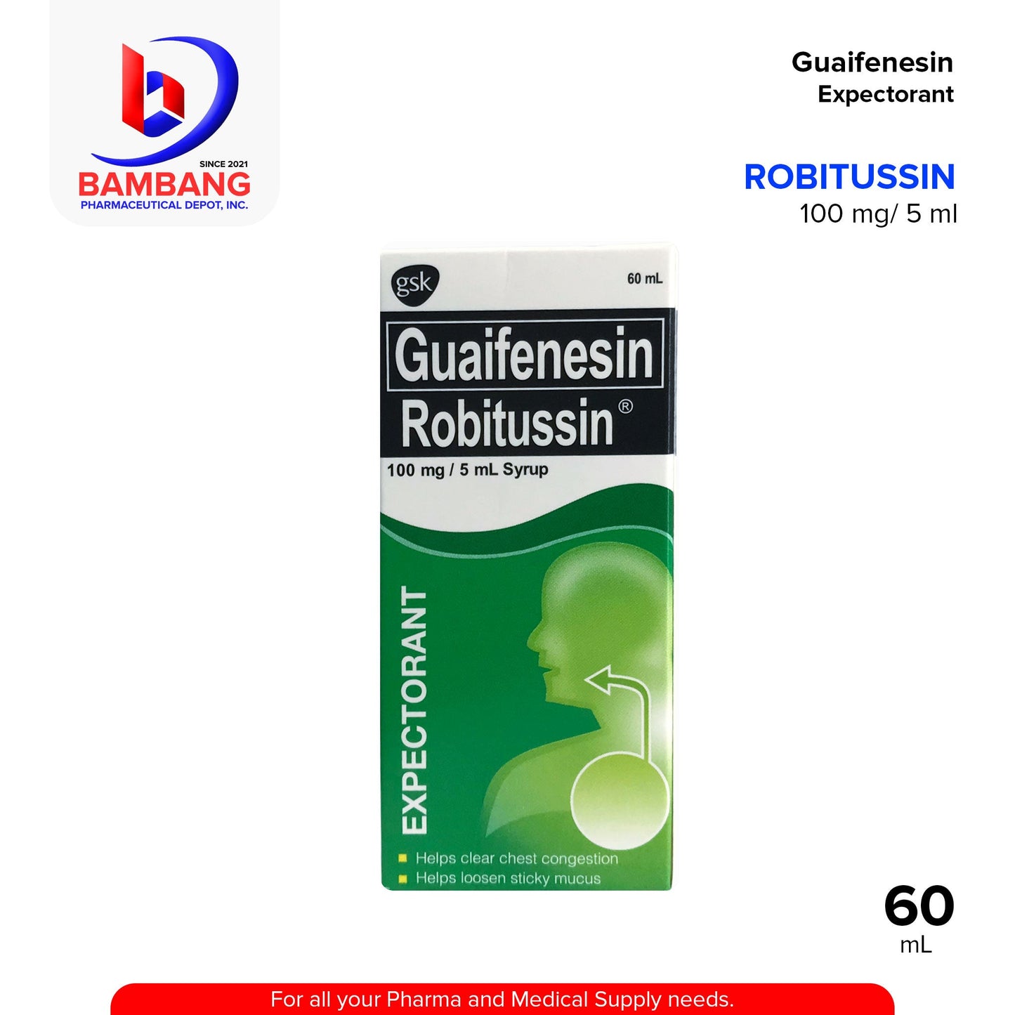 ROBITUSSIN Guaifenesin 100mg / 5ml Syrup 60mL
