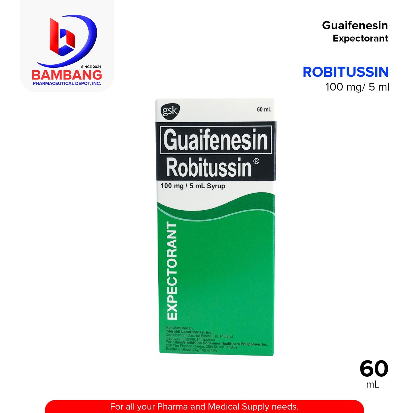 ROBITUSSIN Guaifenesin 100mg / 5ml Syrup 60mL