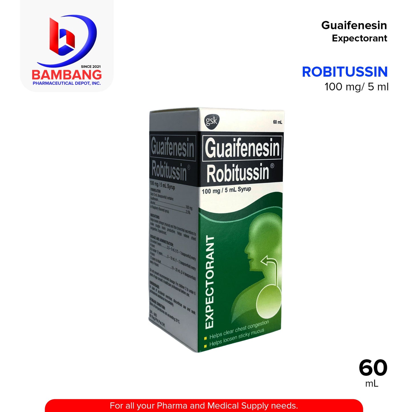 ROBITUSSIN Guaifenesin 100mg / 5ml Syrup 60mL