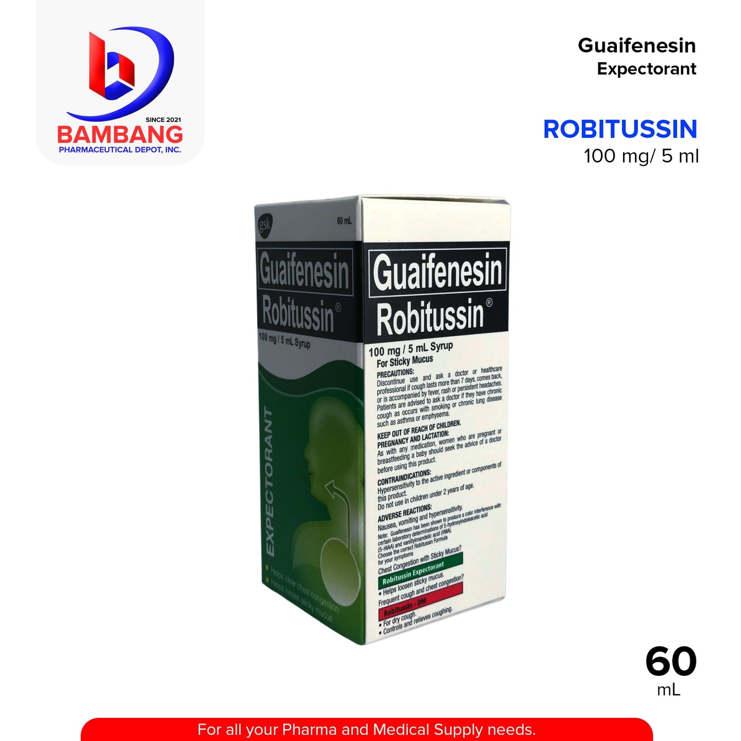 ROBITUSSIN Guaifenesin 100mg / 5ml Syrup 60mL